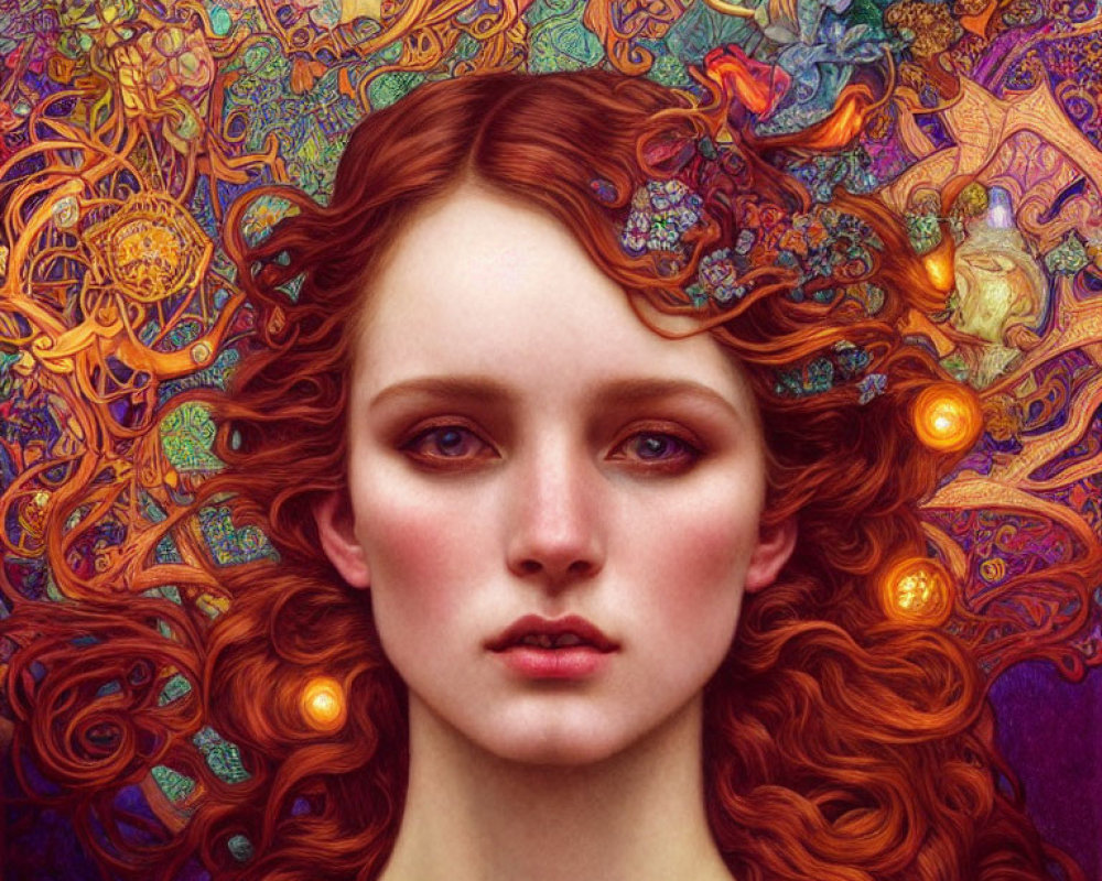 Vivid digital art portrait of a woman with flowing red hair and colorful designs