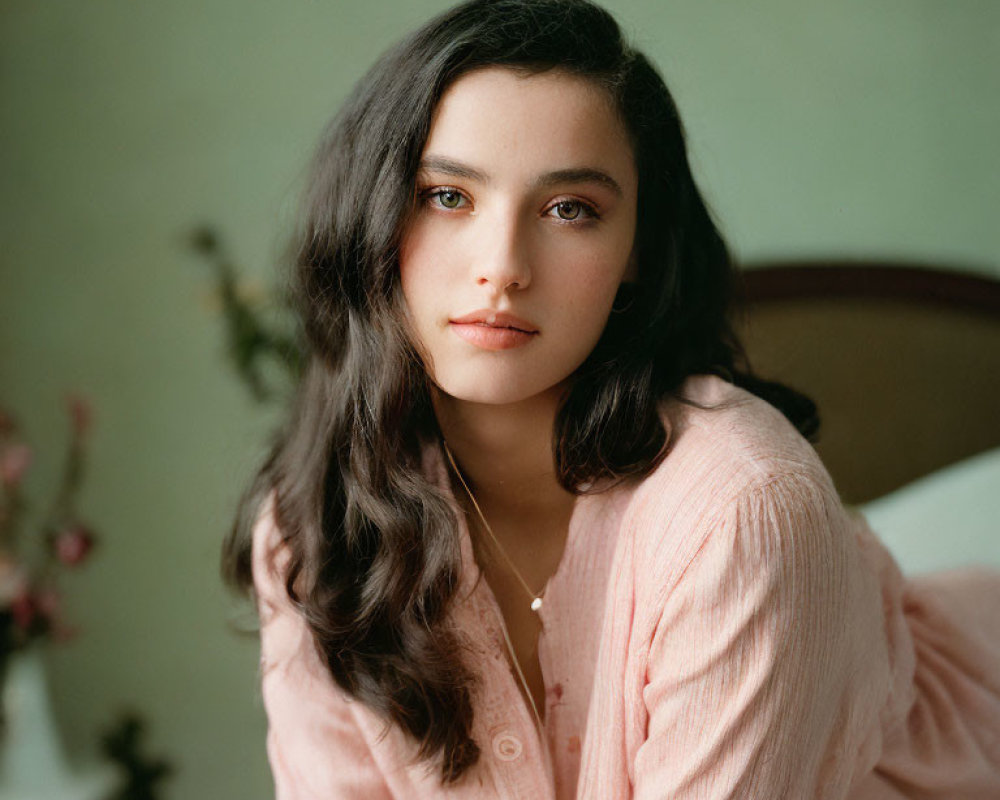 Young woman with wavy dark hair in pink shirt against pale backdrop with flowers.