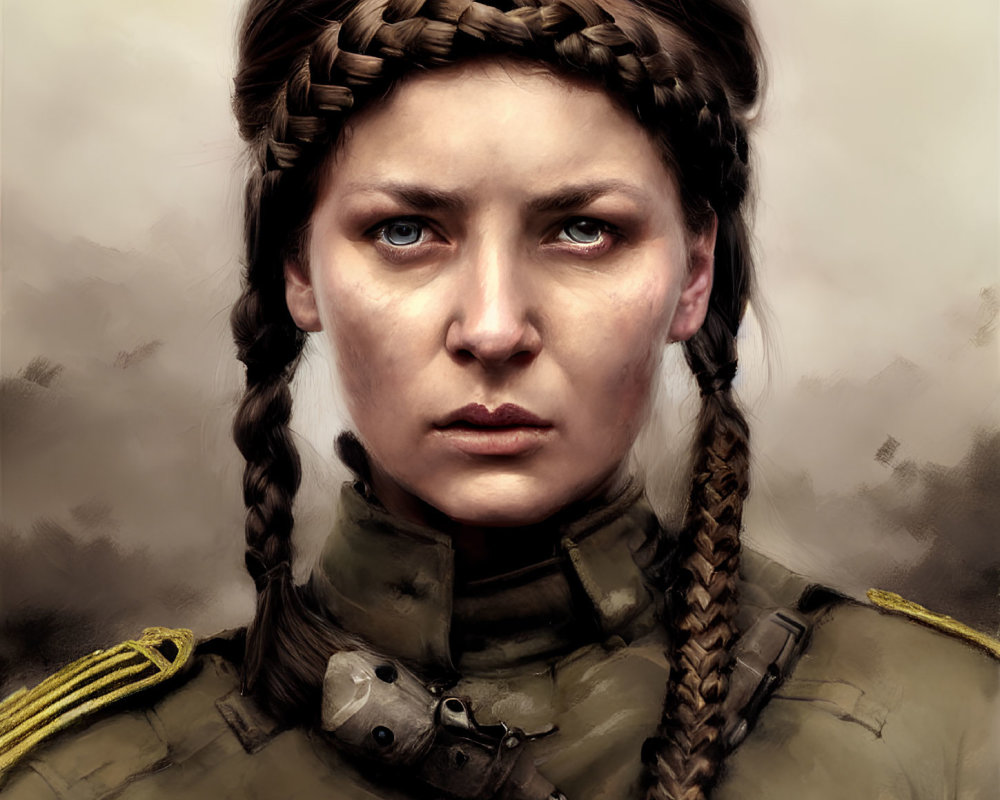 Female soldier with braided hair in military uniform and epaulette, holding a radiocomm