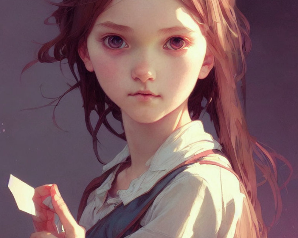 Digital painting of young girl with brown hair and large eyes, holding paper