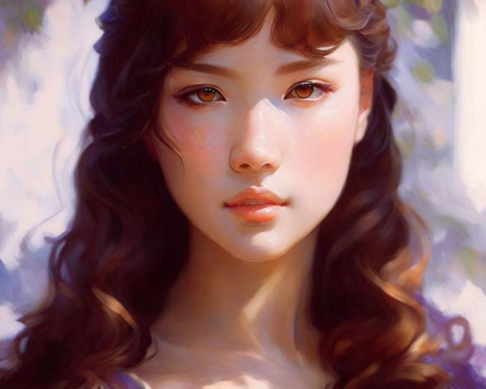 Young woman with floral crown and serene expression in sunlit backdrop