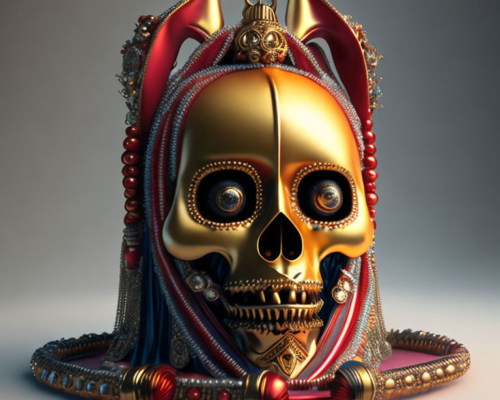 Ornate golden skull with regal red and blue headgear and jewelry