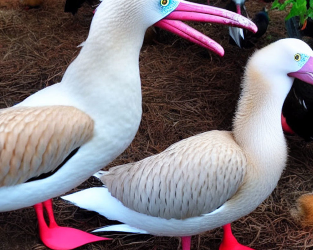 Two red-footed boobies with beige and white feathers and bright blue eyes in natural setting.