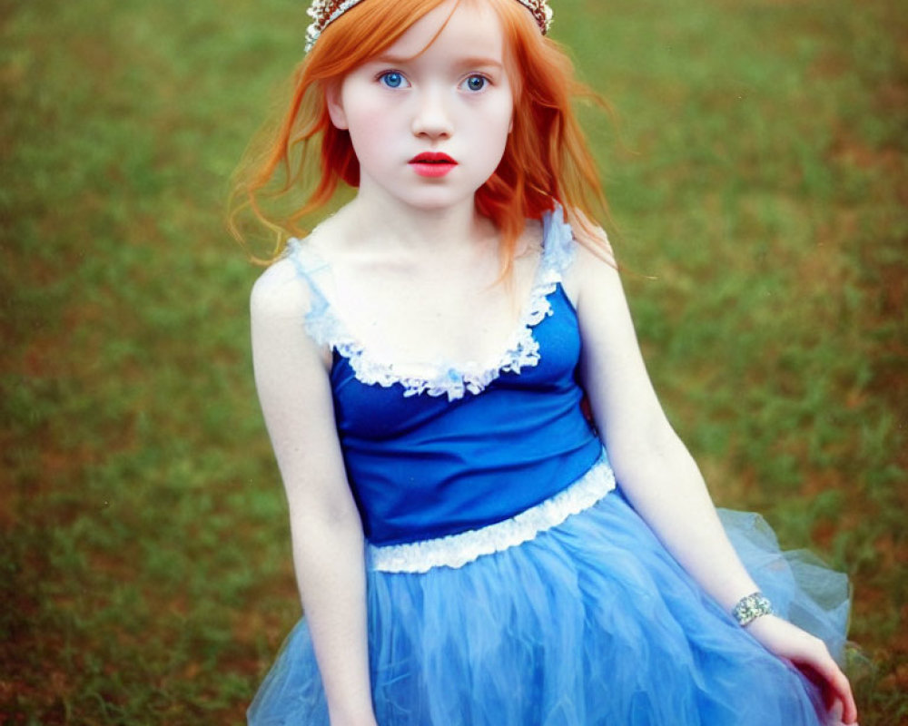 Red-haired girl in blue princess dress and crown in field setting