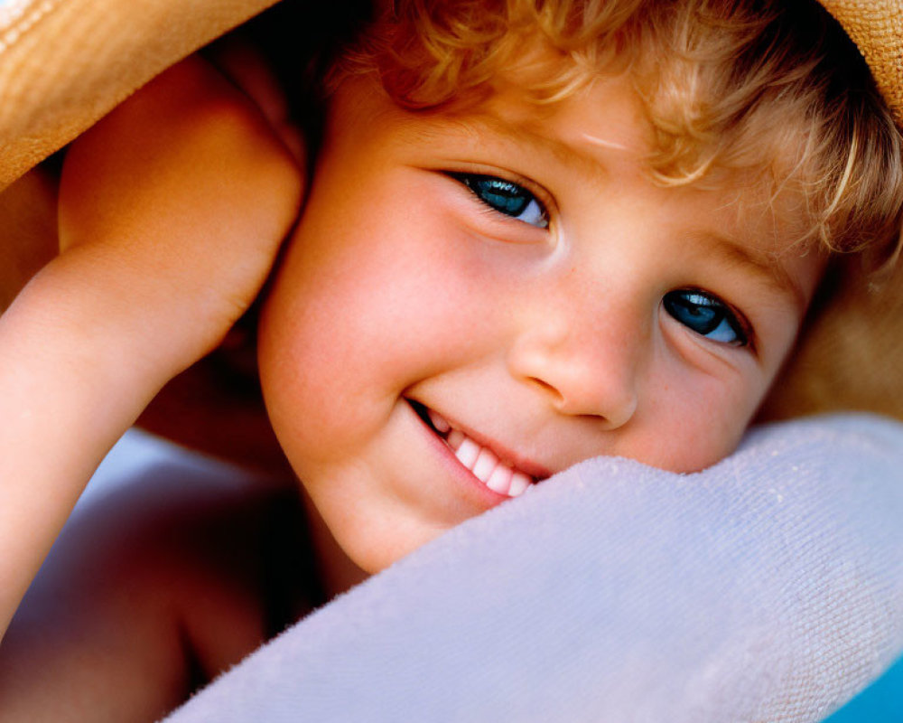 Young child with blue eyes peeking out from under beige hat resting head on hands