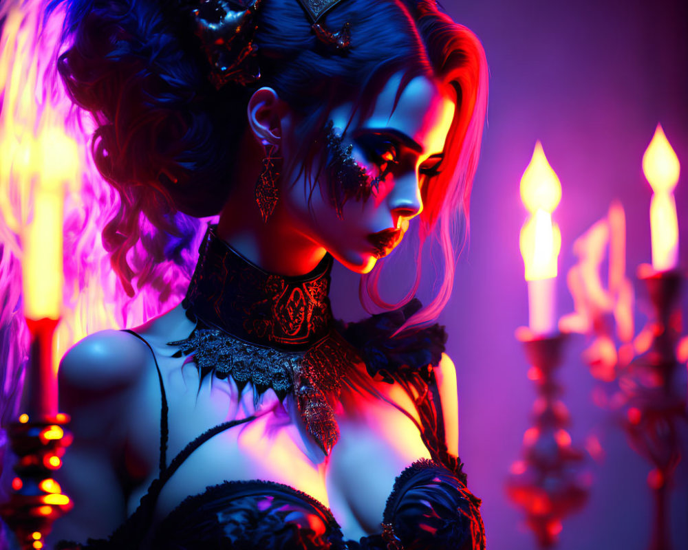 Digital artwork: Woman in gothic makeup and attire, surrounded by candlelight and ethereal purple and