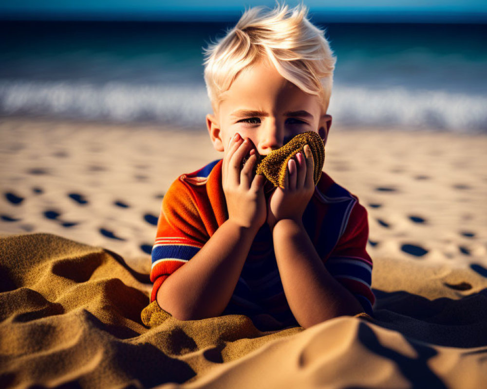 Blond-Haired Child Smiling with Sea Urchin Shell on Sandy Beach