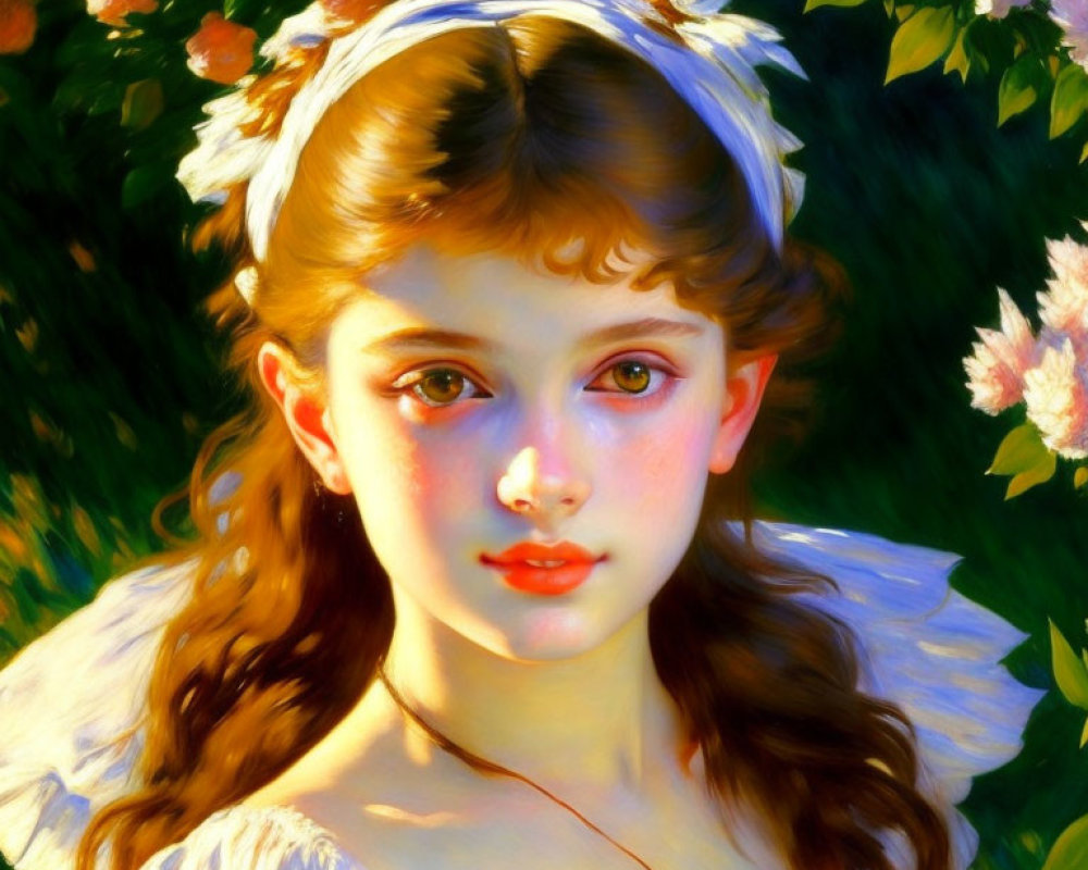 Portrait of a Young Girl with Brown Eyes and Flowers in Hair