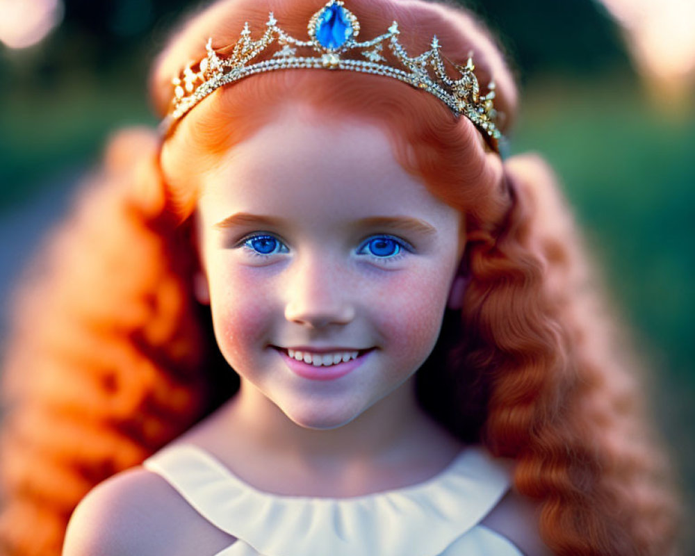 Young girl with blue eyes and red curly hair in crown and blue dress outdoors.