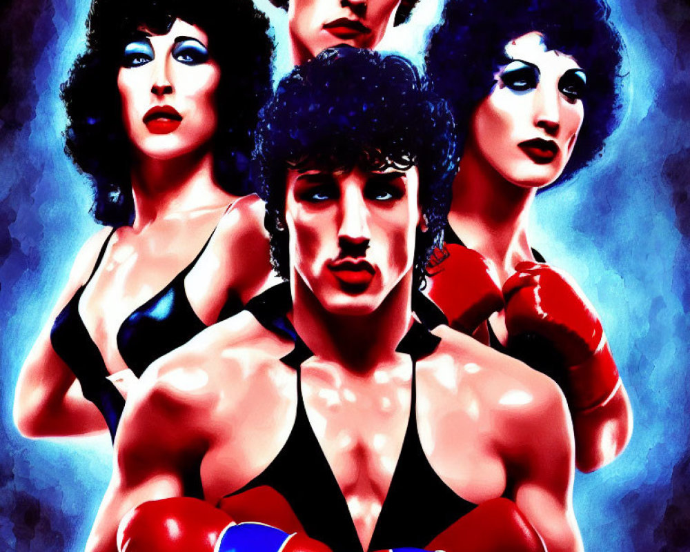 Illustrated poster of male boxer and two female figures on blue backdrop