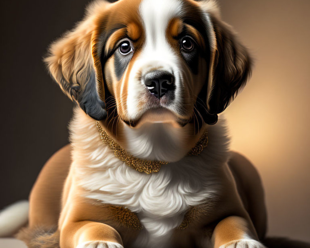 Saint Bernard puppy portrait with expressive eyes and golden chain on warm background