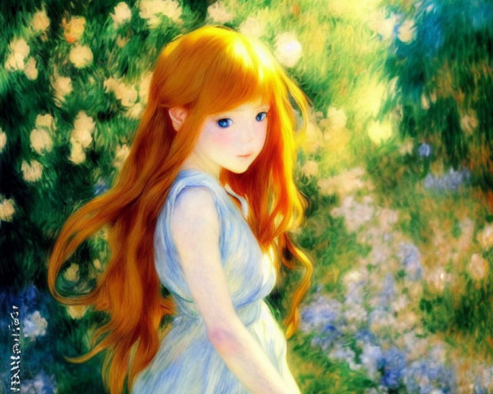 Girl with Long Orange Hair in Blue Dress Surrounded by Sunny Floral Landscape