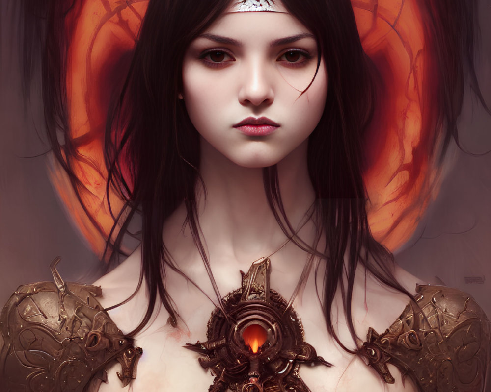 Digital portrait of a woman with dark hair, pale skin, and ornate bronze shoulder armor