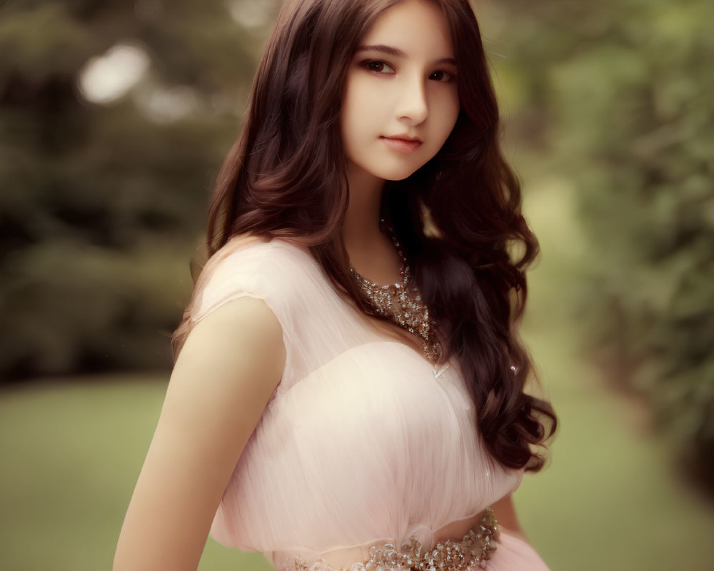 Young woman in pink dress with jeweled necklace poses in lush park