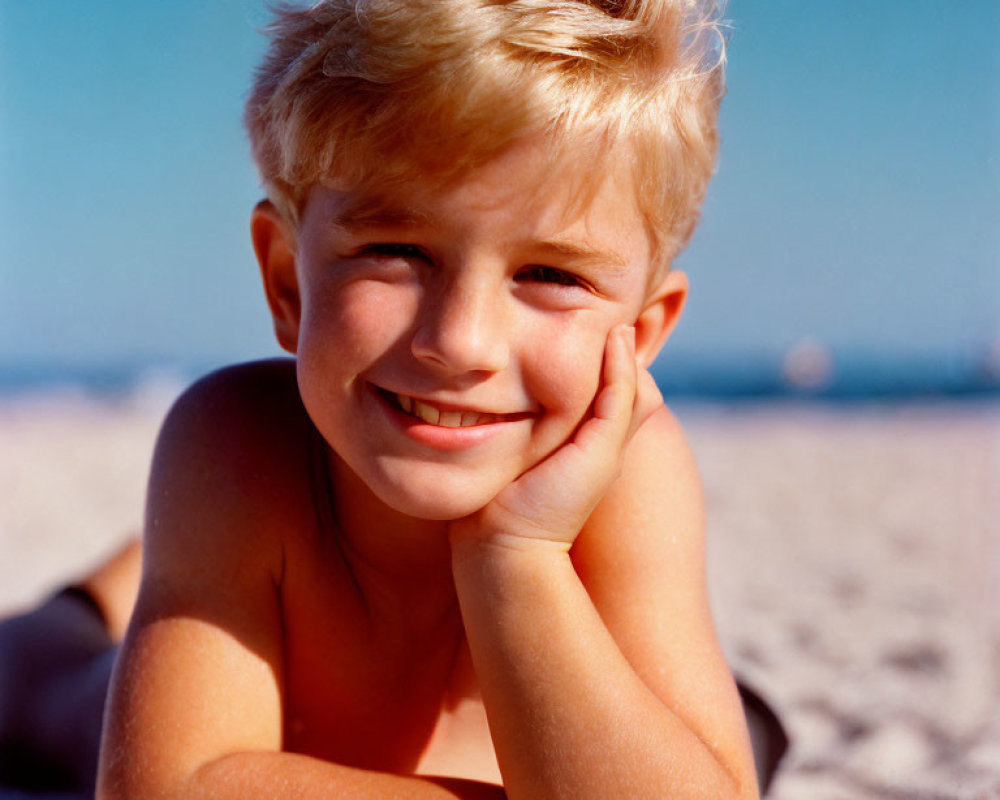 Blond-Haired Boy Smiling on Sandy Beach