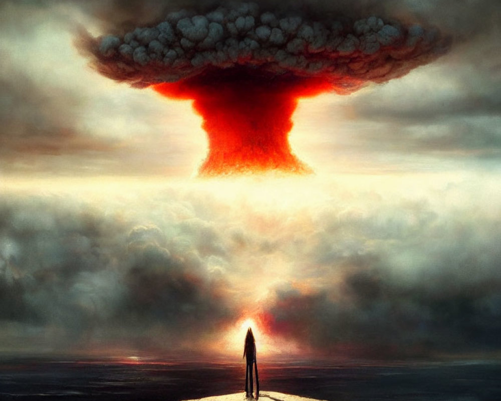 Solitary figure on cracked earth gazes at massive mushroom cloud