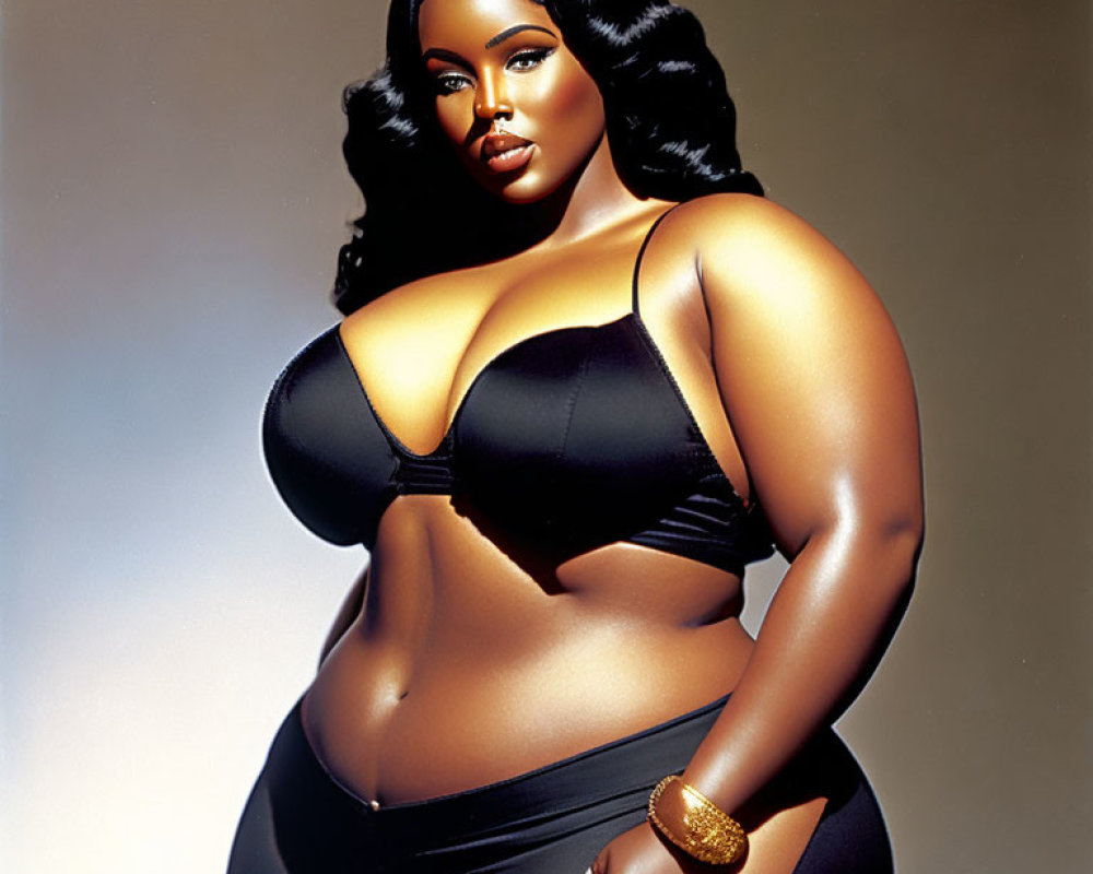 Plus-Size Model in Black Swimwear with Wavy Hair and Gold Accessories