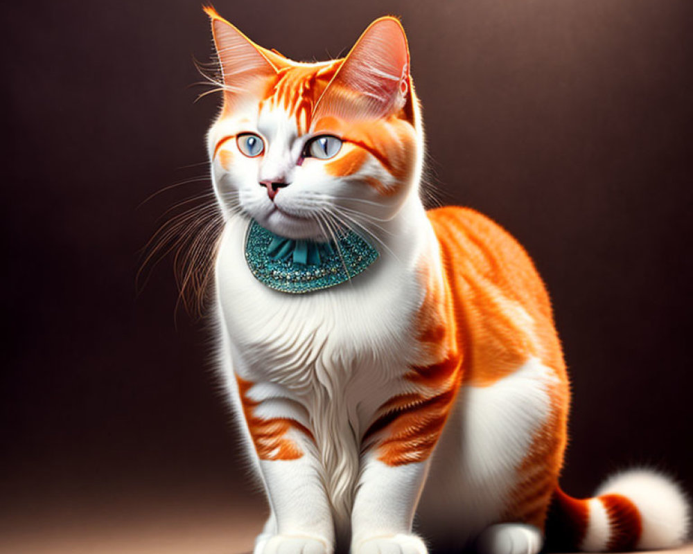 Orange and White Striped Cat with Blue Eyes and Teal Collar on Brown Background