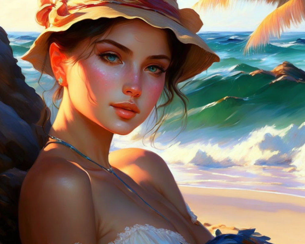 Young woman with sunhat by the sea, vibrant blue eyes, tropical background