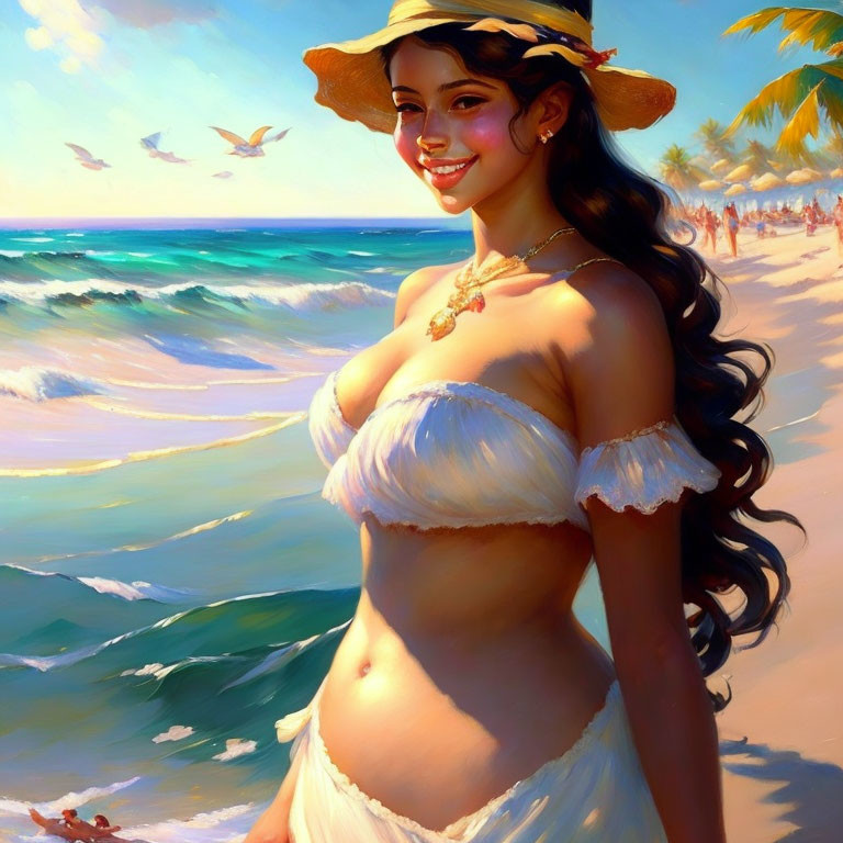 Smiling woman in white off-shoulder top and sunhat on beach with waves and seag