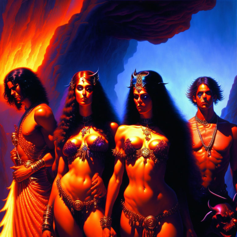 Four muscular warriors in golden armor and elaborate headdresses against fiery backdrop