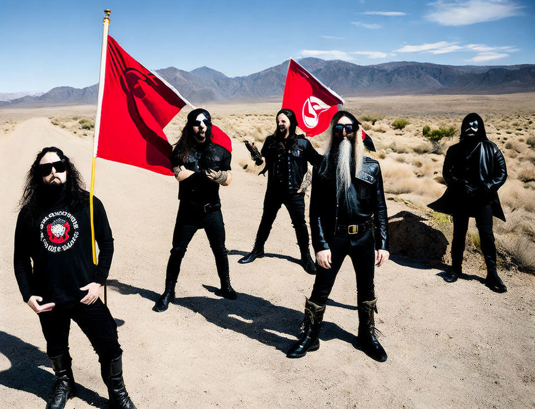 Five Individuals with Red Flags in Desert Landscape Wearing Heavy Metal Attire