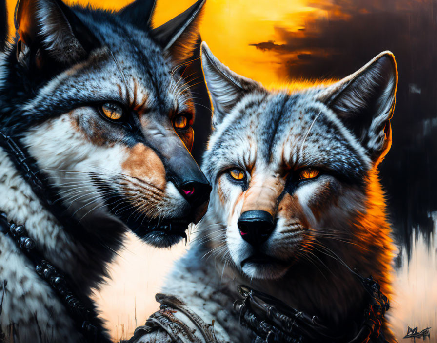 Realistic wolves with intense eyes in sunset scene