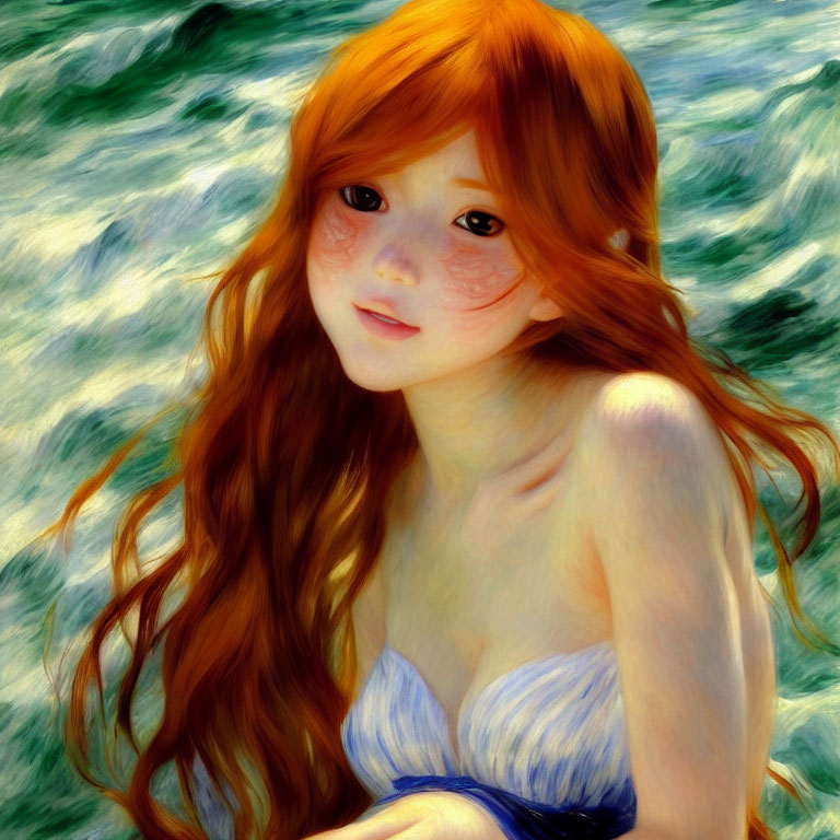 Red-haired girl with fair skin by wavy water backdrop.