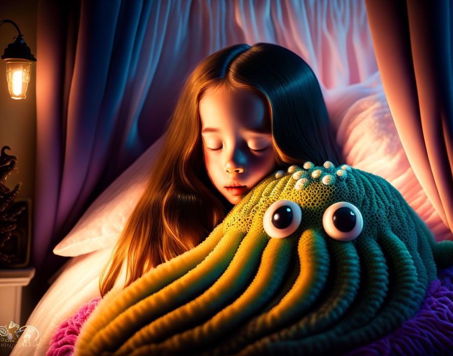 Young girl sleeping with plush octopus under warm light