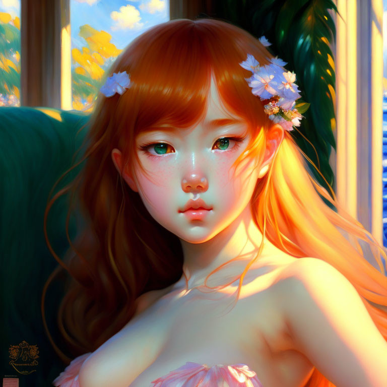 Young girl with auburn hair and white flowers in digital illustration