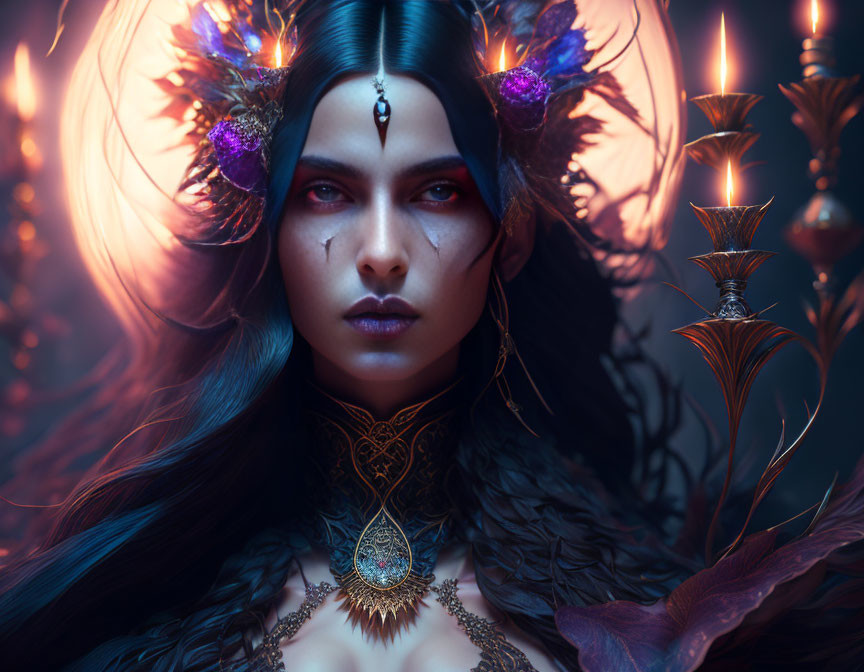 Mystical woman with intense gaze and ornate gold jewelry, blue feathers, and glowing candles.