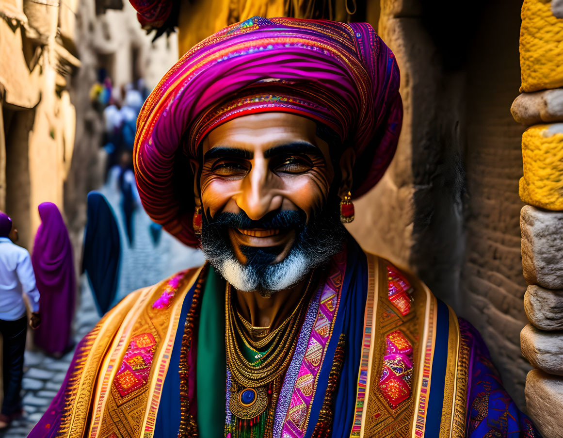 Colorfully dressed man with turban smiling in narrow alley