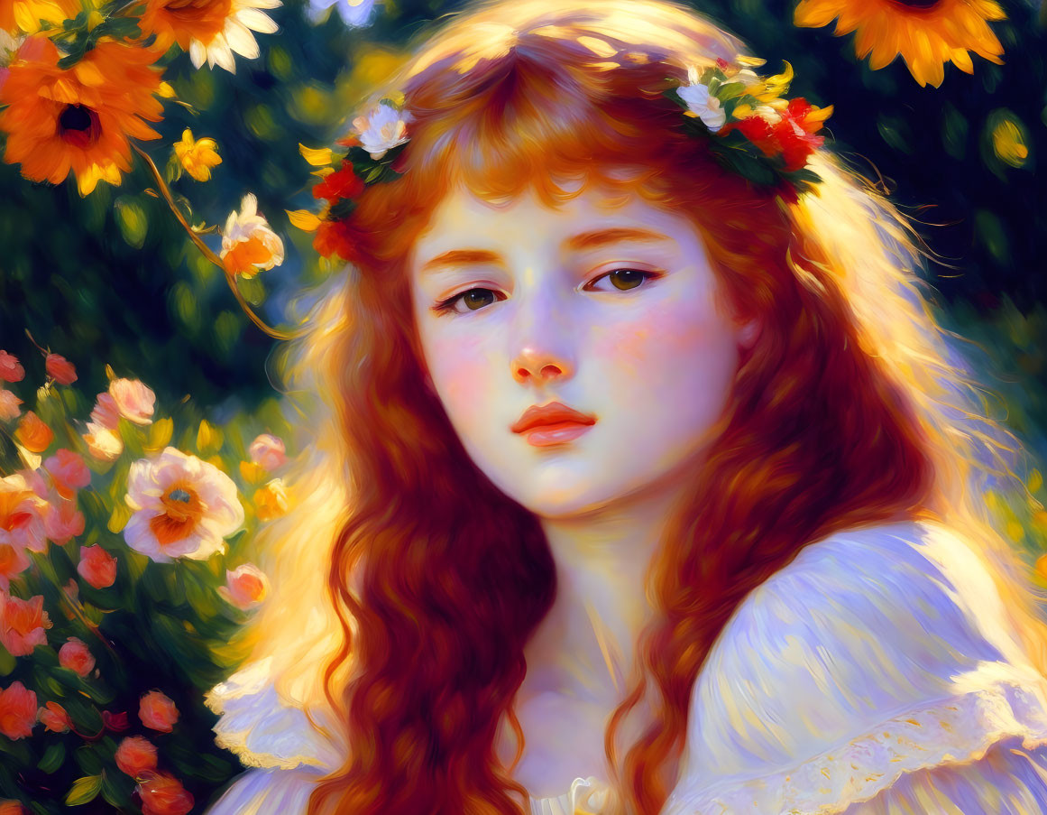 Young girl with red wavy hair and floral crown in front of vibrant flower background