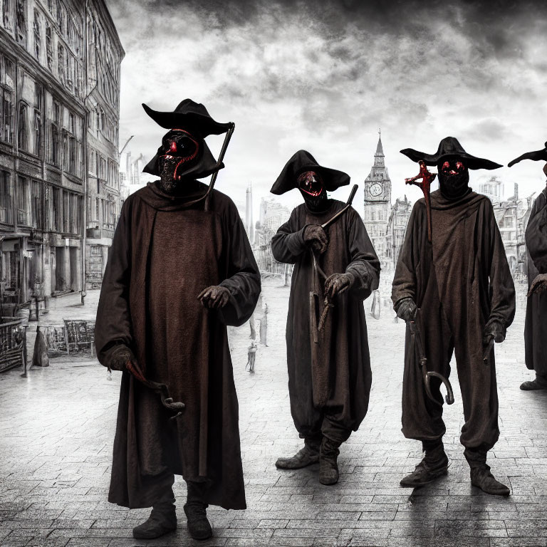 Plague Doctor Costumes on Foggy Street with Big Ben Background