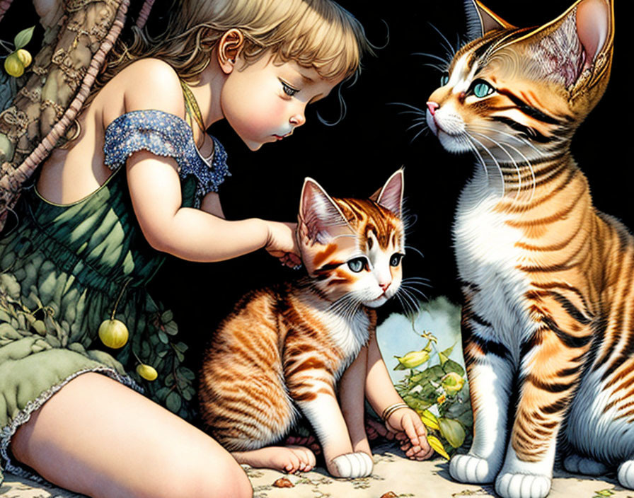 Blonde girl in blue dress with two cats and basket in realistic setting