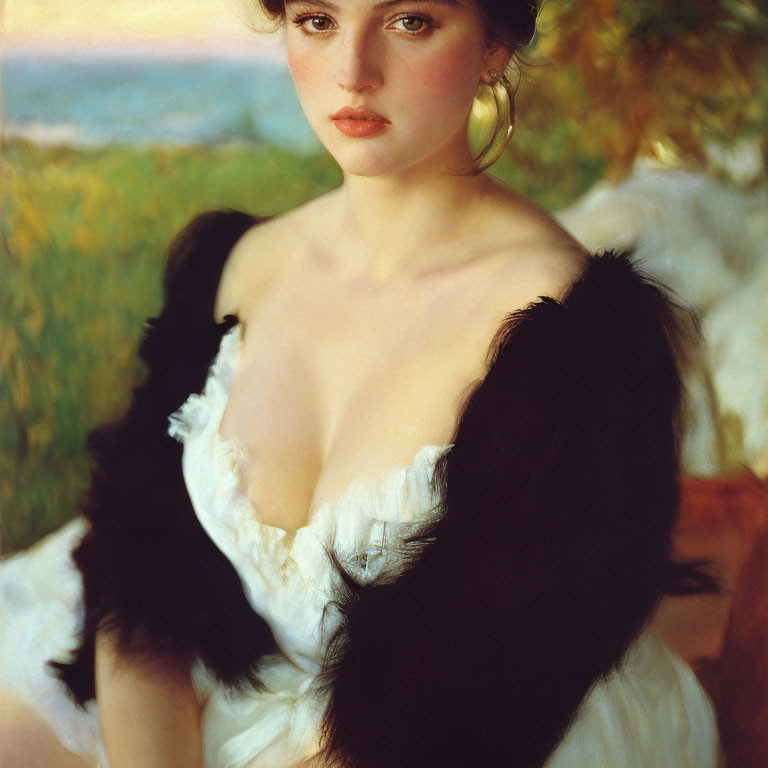 Portrait of Woman in White Dress with Dark Hair and Gold Earrings in Nature