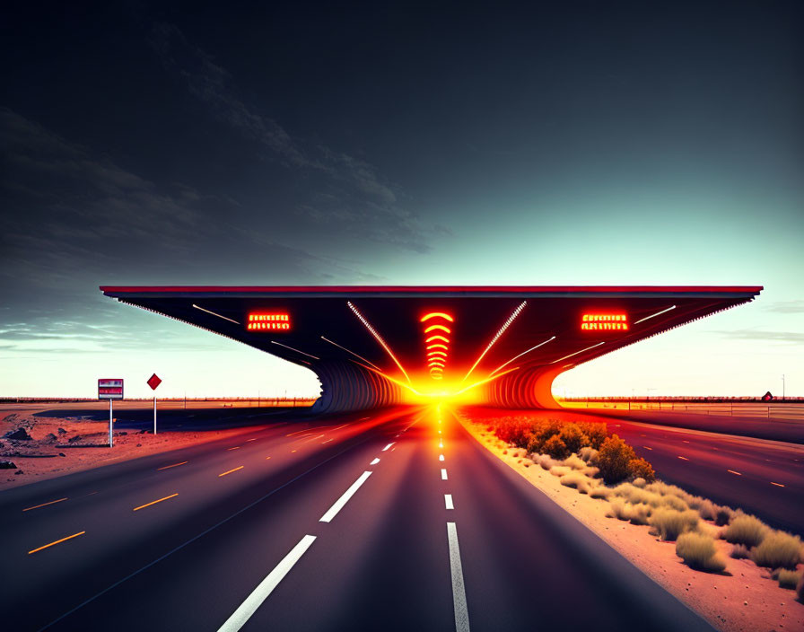 Futuristic saucer-shaped structure at twilight on highway