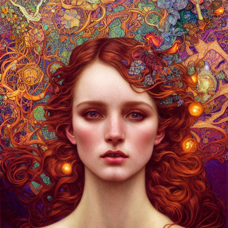 Vivid digital art portrait of a woman with flowing red hair and colorful designs