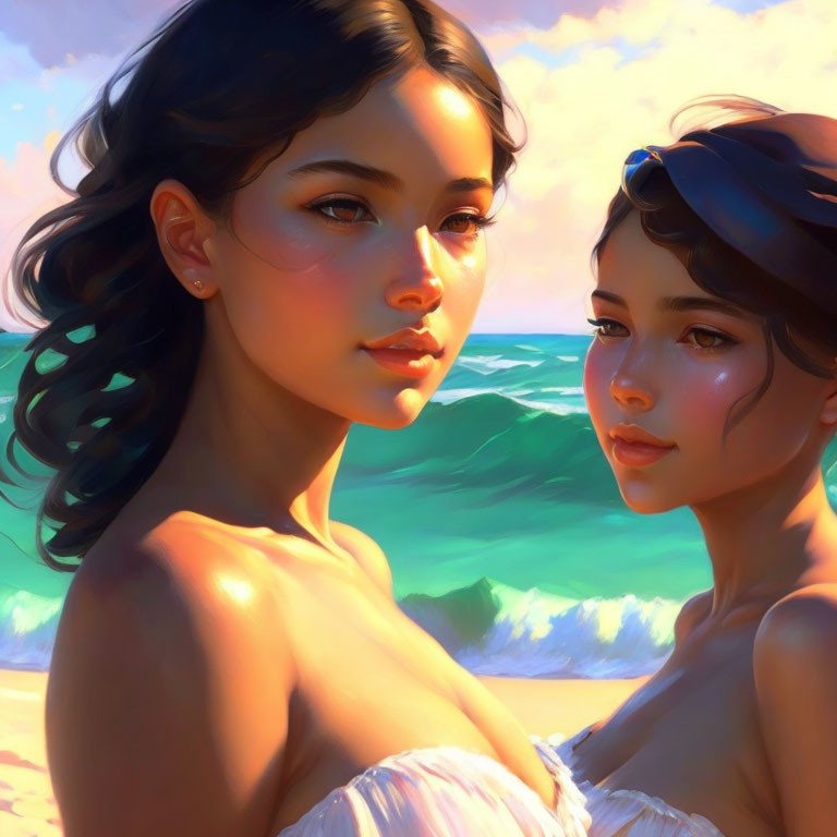 Serene digital artwork of two women on beach