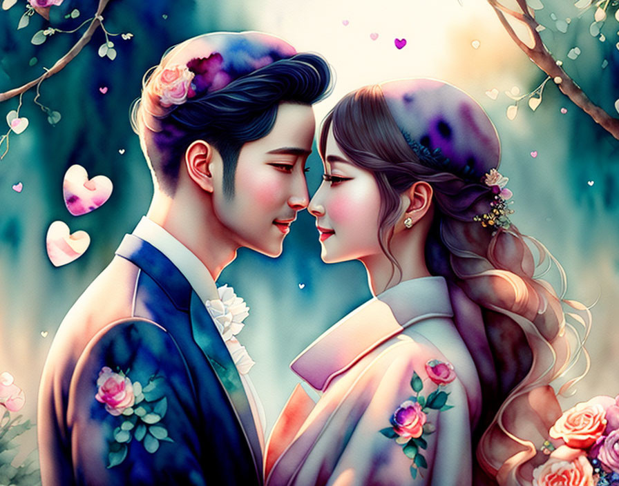 Illustrated couple in formal attire with flowers in romantic setting.