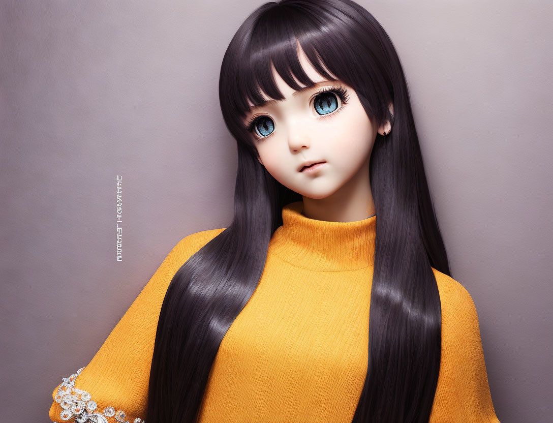 Hyper-realistic female doll with blue eyes and black hair in orange sweater.