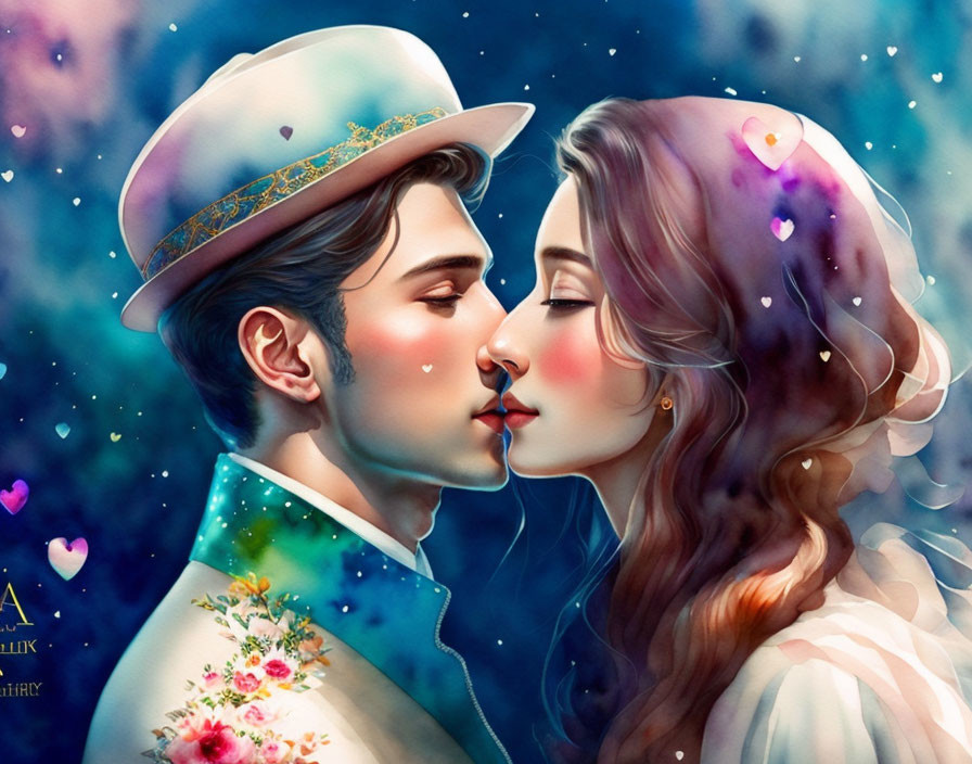 Romantic couple digital illustration with colorful floral background