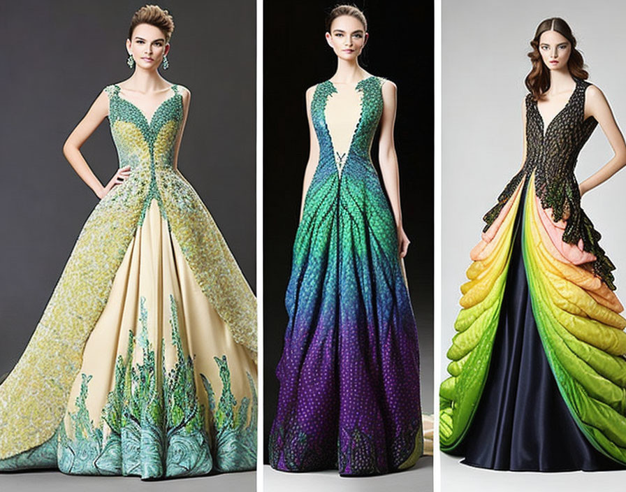 Elegant Women in Peacock Feather-Inspired Ball Gowns