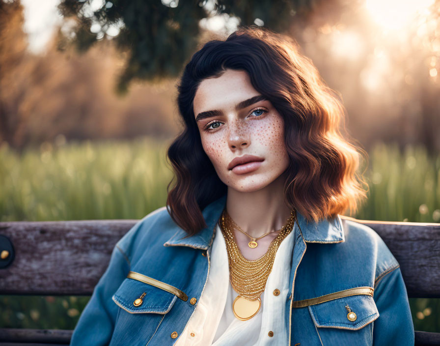 Woman with wavy hair and freckles in denim jacket on bench outdoors.