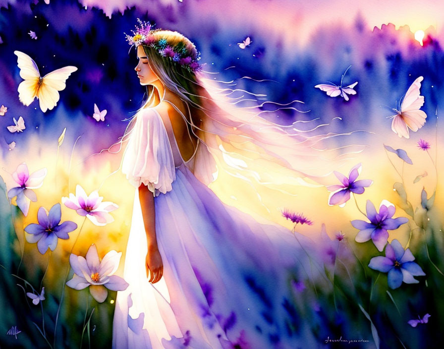 Woman in white dress with flower crown walking in vibrant field with butterflies and purple flowers at sunset