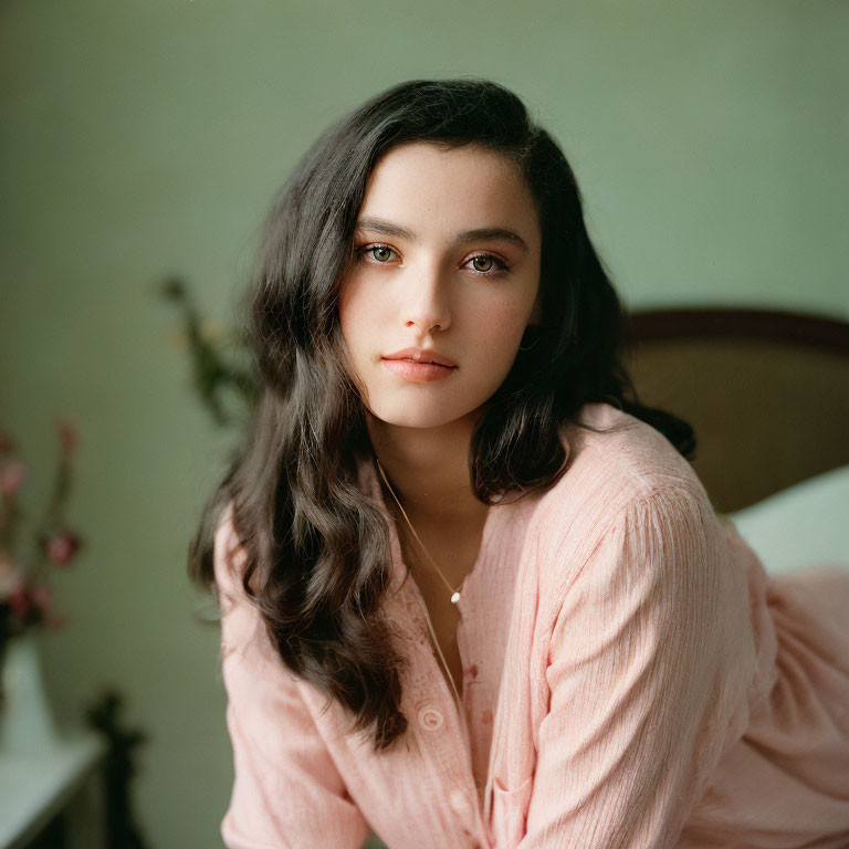 Young woman with wavy dark hair in pink shirt against pale backdrop with flowers.