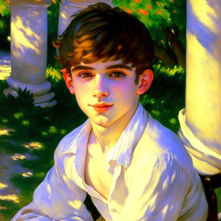 Young boy with dark hair and blue eyes in white shirt in sunlit garden