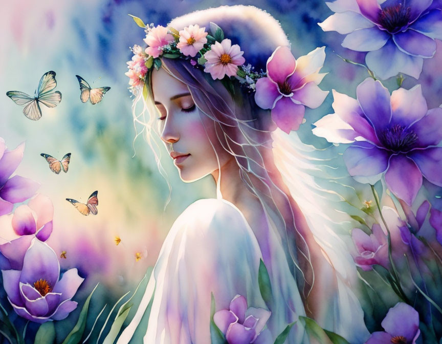 Illustration of woman with floral crown, butterflies, and purple flowers in serene setting.