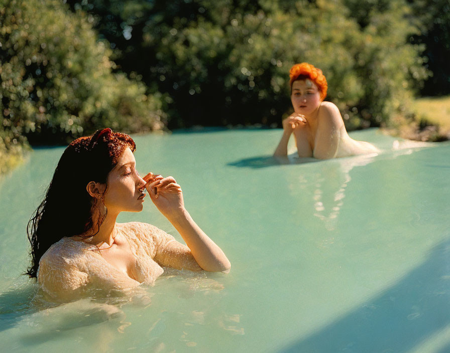 Two women with updo hairstyles in natural pool surrounded by greenery