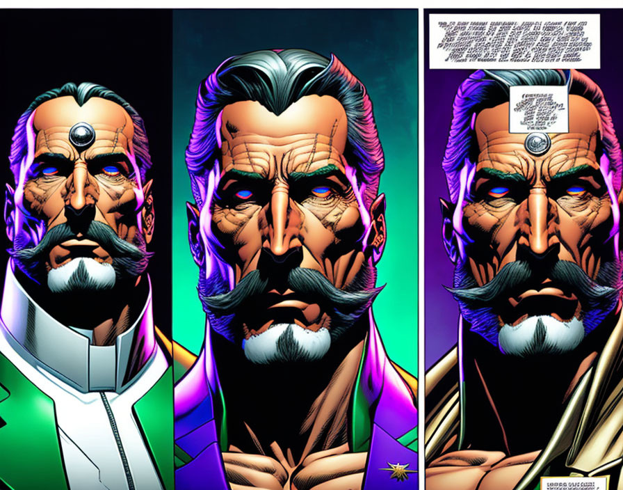 Comic book illustration: Stern man with white beard and mustache in futuristic costume with "X" symbol